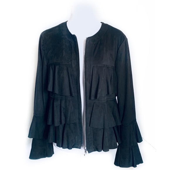 INC Medium Faux Suede Jacket Ruffle Full Zip - Picture 2 of 5